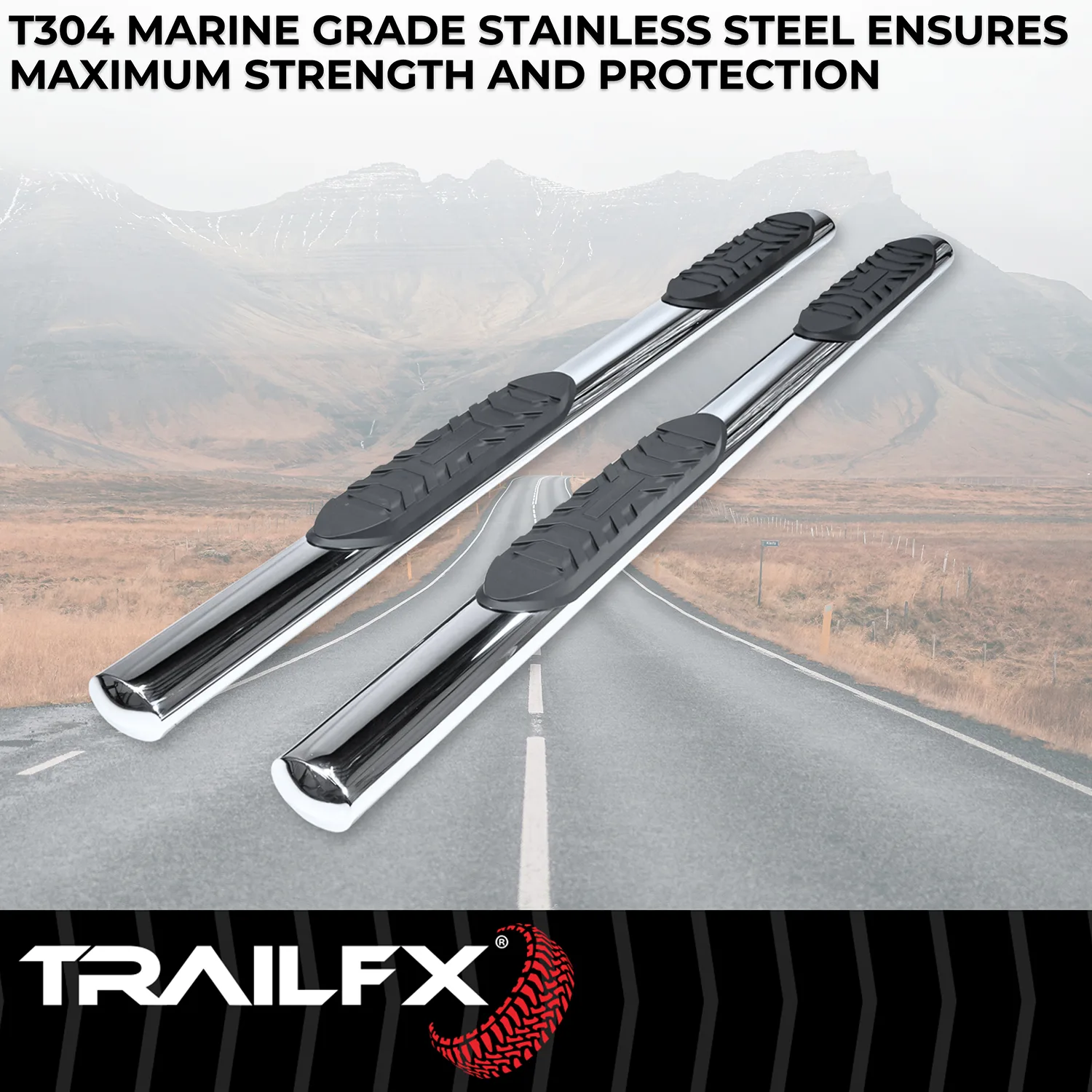 Trail FX TFX 4″ Oval Tube Side Steps With Step Pads 4 In Oval Straight Pol Stainless Steel With Welded End Caps Rocke