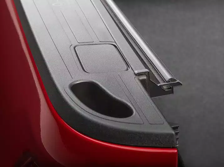 close up of the upgraded side rails on the RealTruck BAKFlip MX4 Hard Folding Tonneau Cover