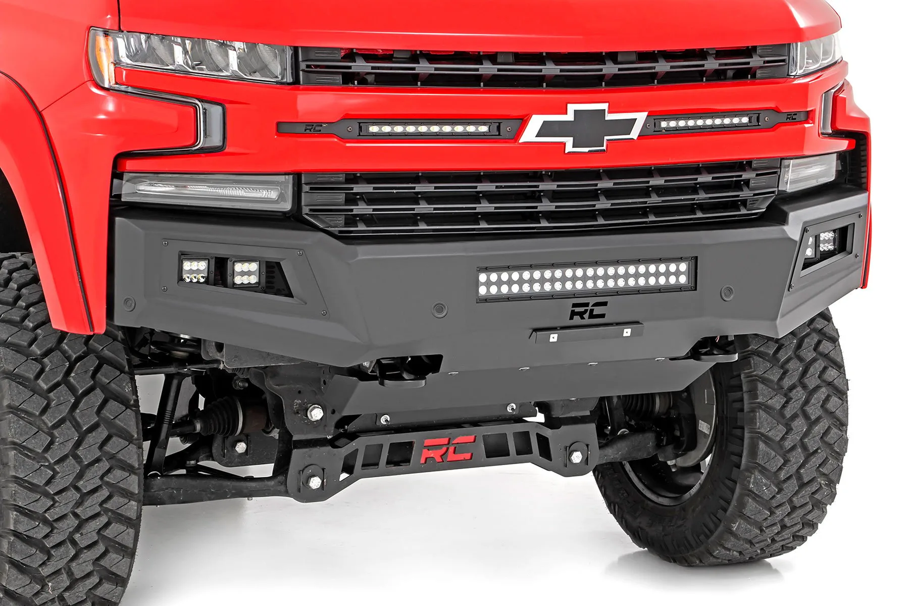 Rough Country High Clearance Front Bumper; LED Lights and Skid Plate; Chevy Silverado 1500 (19-22)