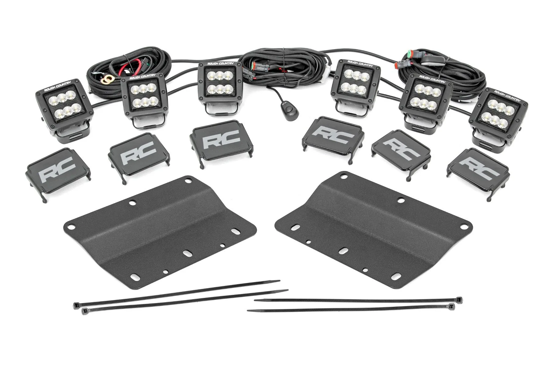 Rough Country LED Light Kit; Fog Mount; Triple 2" Black Pair; Flood; Ford Bronco (21-23)