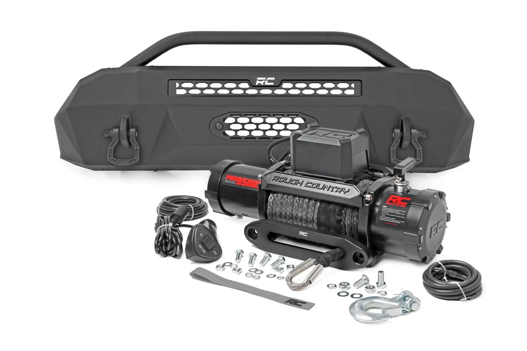 Rough Country Front Bumper; Hybrid; 9500-Lb Pro Series Winch; Synthetic Rope; Toyota Tacoma (16-23)