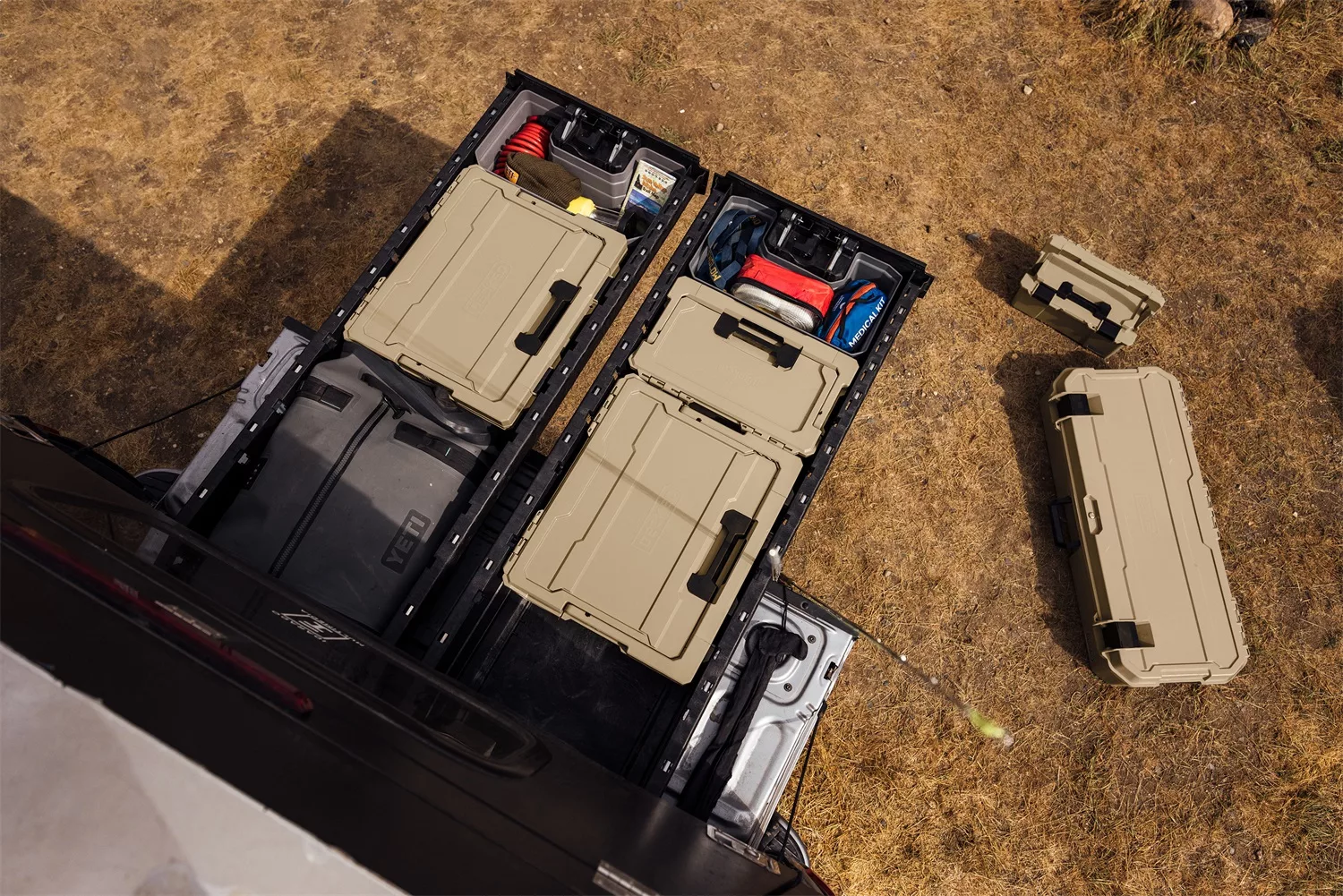 A birds-eye view of DECKED truck drawers and organization bins