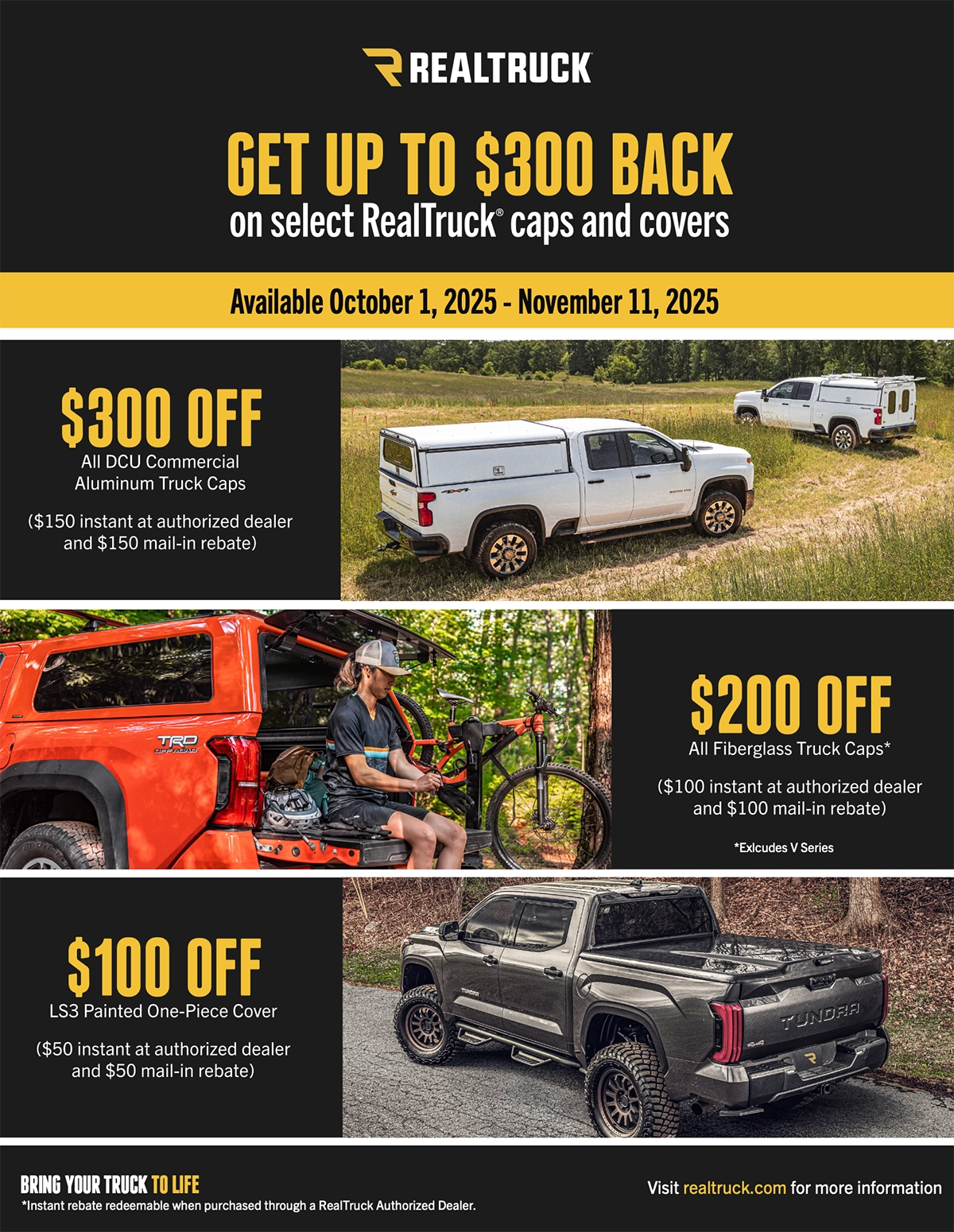 Special offers on caps and upgrades by A.R.E. & Realtruck for October 1, 2025 - November 11, 2025 at Campways