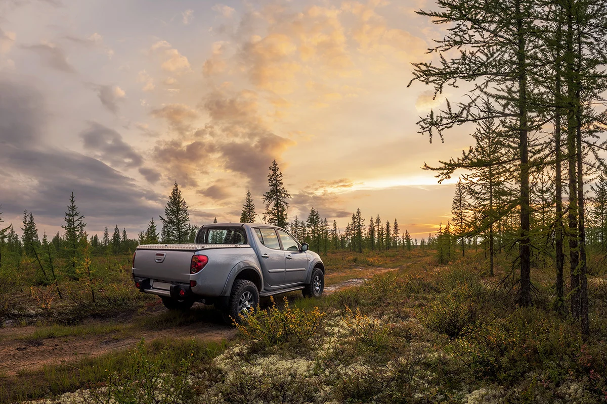 A gray truck off-roading in the woods at sunset, showing the concept of truck accessories for off-road performance