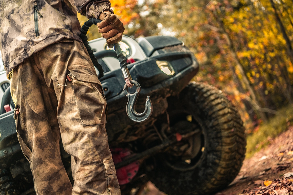 Recovering an off-road vehicle in the woods