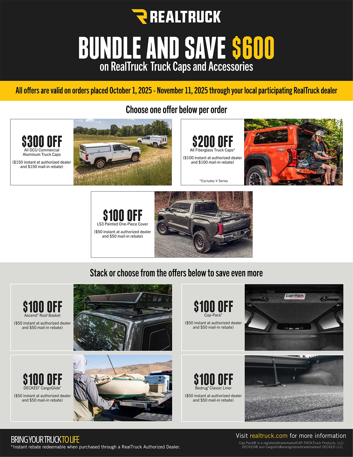 Special offers on truck caps and upgrades by Realtruck for October 1, 2025 - November 11, 2025 at Campways