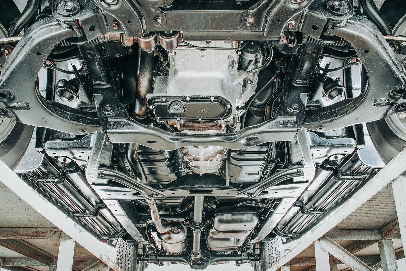The undercarriage of a pickup truck